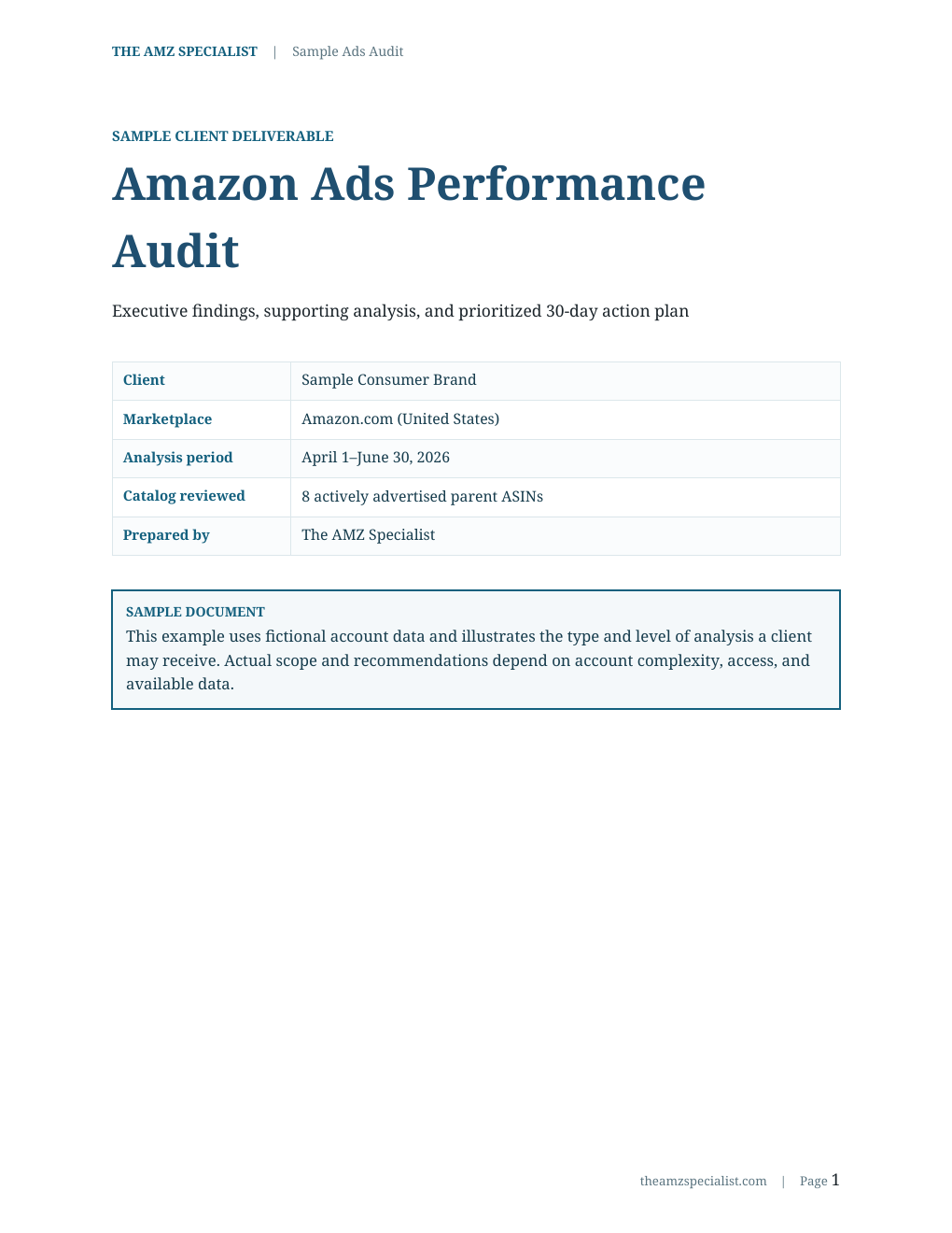 Cover page of the fictional sample Amazon Ads Performance Audit